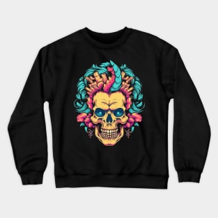 Skull with Flowers and Vaporwave Colors Crewneck Sweatshirt